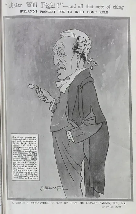 Framed Print : Caricature illustration of Rt Hon Sir Edward Carson, speaking in lawyer's wig and gown, holding spectacles, by Starr Wood, caricature artist, (1870-1944) Framed Print : Caricature illustration of Rt Hon Sir Edward Carson, speaking in lawyer's wig and gown, holding spectacles, by Starr Wood, caricature artist, (1870-1944)