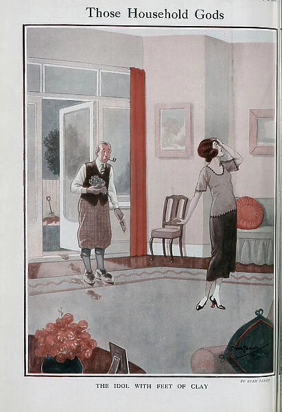 Caricature illustration, showing man coming in from gardening, treading clay into to neat living room carpet, with woman looking away in despair. Captioned, Those household Gods - The Idol with Feet of Clay
