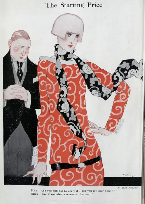 Framed Print : Caricature illustration, The Starting Price by Rene Vincent. Showing fashionable woman in tunic and scarf, with blushing gentleman standing behind her Framed Print : Caricature illustration, The Starting Price by Rene Vincent. Showing fashionable woman in tunic and scarf, with blushing gentleman standing behind her