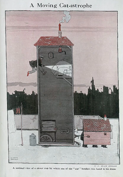 Caricature illustration of tall house on wheels, pulled by men disguised as a shed, with burglar about to fall into the trap. Captioned, A Moving Cat-astrophe
