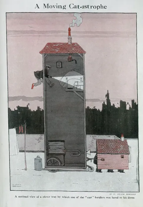 Framed Print : Caricature illustration of tall house on wheels, pulled by men disguised as a shed, with burglar about to fall into the trap. Captioned, A Moving Cat-astrophe Framed Print : Caricature illustration of tall house on wheels, pulled by men disguised as a shed, with burglar about to fall into the trap. Captioned, A Moving Cat-astrophe