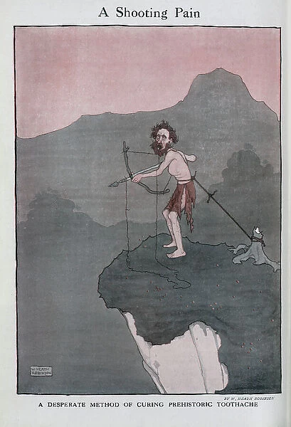 Caricature illustration of toothache cure, by Heath Robinson. Showing prehistoric man with string tied to tooth and tree stump, firing bow and arrow from top of a cliff