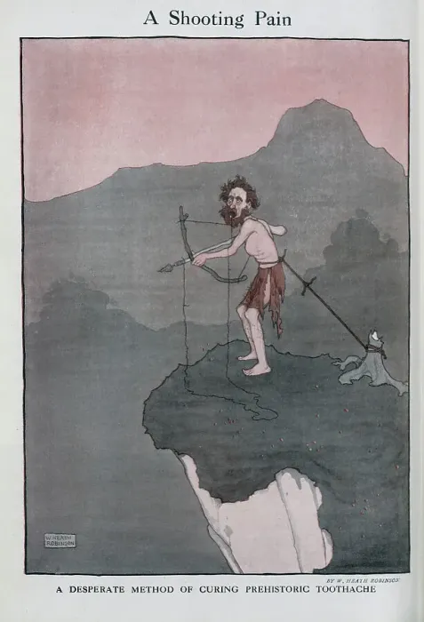 Framed Print : Caricature illustration of toothache cure, by Heath Robinson. Showing prehistoric man with string tied to tooth and tree stump, firing bow and arrow from top of a cliff Framed Print : Caricature illustration of toothache cure, by Heath Robinson. Showing prehistoric man with string tied to tooth and tree stump, firing bow and arrow from top of a cliff