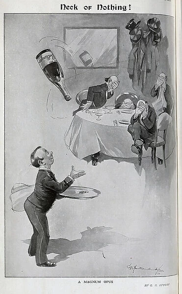 Caricature illustration of waiter juggling bottle of Bollinger, with 4 diners hiding at their table, by G E Studdy, Captioned, Neck or Nothing! George F Studdy, illustrator, renowned for series of works on the dog, Bonzo