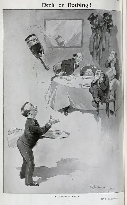 Framed Print : Caricature illustration of waiter juggling bottle of Bollinger, with 4 diners hiding at their table, by G E Studdy, Captioned, Neck or Nothing! George F Studdy, illustrator, renowned for series of works on the dog, Bonzo Framed Print : Caricature illustration of waiter juggling bottle of Bollinger, with 4 diners hiding at their table, by G E Studdy, Captioned, Neck or Nothing! George F Studdy, illustrator, renowned for series of works on the dog, Bonzo