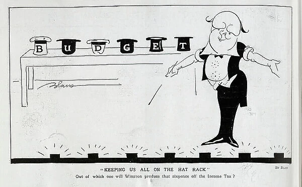Caricature illustration of Winston Churchill presenting budget, by Blam. Showing Churchill with magic wand, in front of budget presented on hats along table