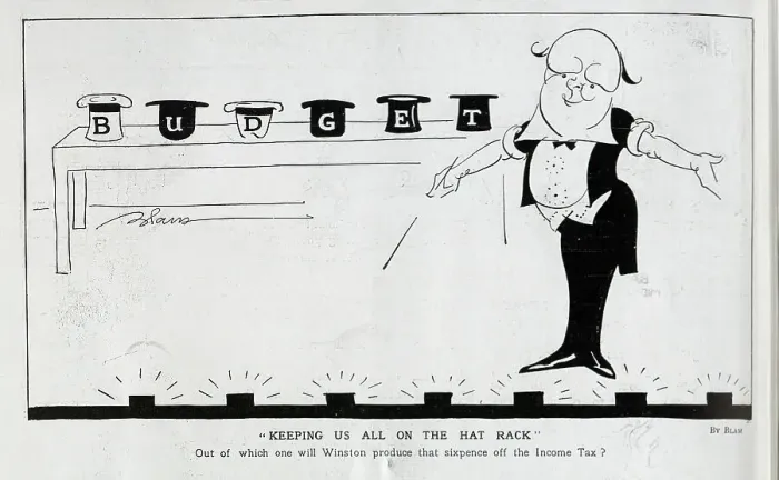 Framed Print : Caricature illustration of Winston Churchill presenting budget, by Blam. Showing Churchill with magic wand, in front of budget presented on hats along table Framed Print : Caricature illustration of Winston Churchill presenting budget, by Blam. Showing Churchill with magic wand, in front of budget presented on hats along table