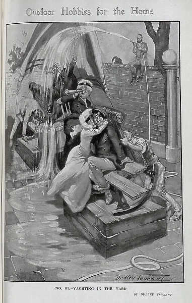 Caricature illustration, Yachting in the Yard, with a family balanced on crates and furniture, whilst the gardener drenches them with a hose. Captioned, Outdoor hobbies for the home