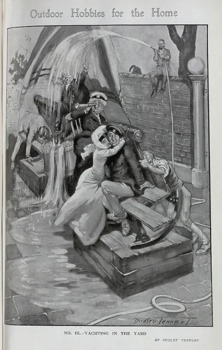 Framed Print : Caricature illustration, Yachting in the Yard, with a family balanced on crates and furniture, whilst the gardener drenches them with a hose. Captioned, Outdoor hobbies for the home Framed Print : Caricature illustration, Yachting in the Yard, with a family balanced on crates and furniture, whilst the gardener drenches them with a hose. Captioned, Outdoor hobbies for the home