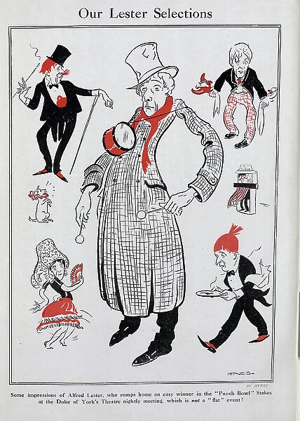 Caricature illustrations of Alfred Lester, actor and comedian (1874-1925), by Hynes. Captioned, Our Lester Selection'. With description, Some impressions of Alfred Lester