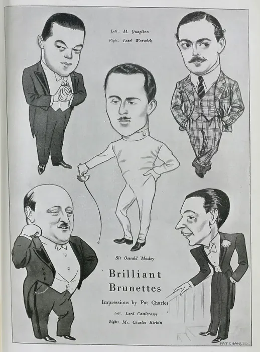 Framed Print : Caricature illustrations, captioned, Brilliant Brunettes by Pat Charles'. Showing, M Quaglino, Lord Warwick, Sir Oswald Mosley, Lord Castlerosse, Mr Charles Birkin Framed Print : Caricature illustrations, captioned, Brilliant Brunettes by Pat Charles'. Showing, M Quaglino, Lord Warwick, Sir Oswald Mosley, Lord Castlerosse, Mr Charles Birkin