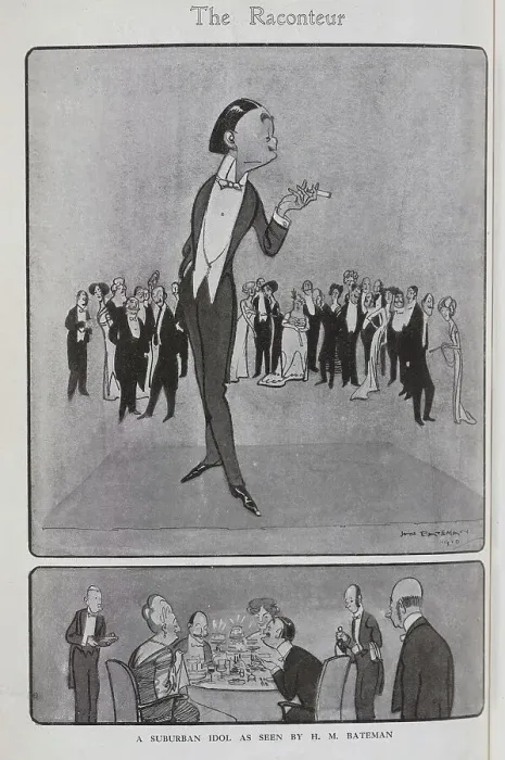 Framed Print : Caricature illustrations by H M Bateman of a man speaking at a party and at dinner. Captioned, The Raconteur: a suburban idol'. Henry Mayo Bateman (1887-1970)'illustrator and cartoonist Framed Print : Caricature illustrations by H M Bateman of a man speaking at a party and at dinner. Captioned, The Raconteur: a suburban idol'. Henry Mayo Bateman (1887-1970)'illustrator and cartoonist