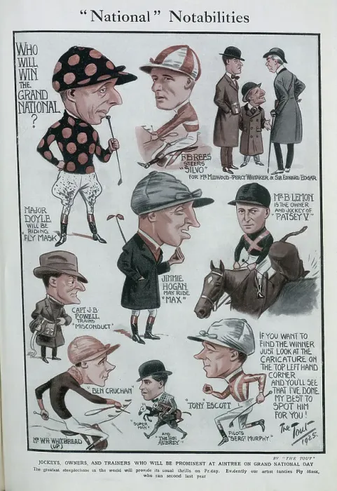 Framed Print : Caricature illustrations of jockeys, owners and trainers, the 1925 Grand National. Captioned, National Notabilities, Who will win the Grand National? Illustrations by The Tout Framed Print : Caricature illustrations of jockeys, owners and trainers, the 1925 Grand National. Captioned, National Notabilities, Who will win the Grand National? Illustrations by The Tout