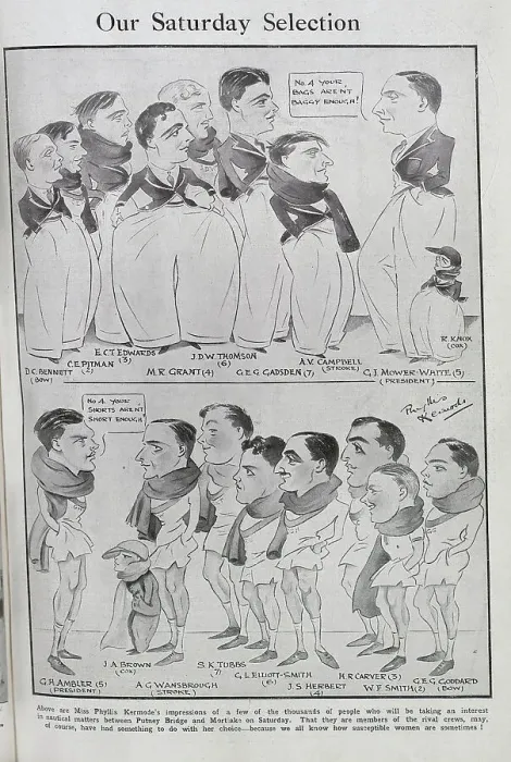 Framed Print : Caricature illustrations, Our Saturday Selection, by Phyllis Kermode, illustrator. Showing the Oxford and Cambridge boat race teams, with quotations, No 4, your bags aren't baggy enough Framed Print : Caricature illustrations, Our Saturday Selection, by Phyllis Kermode, illustrator. Showing the Oxford and Cambridge boat race teams, with quotations, No 4, your bags aren't baggy enough