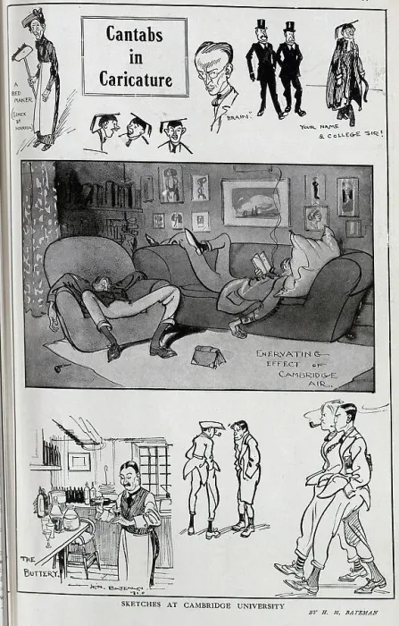 Framed Print : Caricature illustrations of students, staff and academics at Cambridge University by H M Bateman. Captioned, Cantabs in Caricature'. Showing A Bed Maker (Senex et Horrida), Brain, Your name and college Sir Framed Print : Caricature illustrations of students, staff and academics at Cambridge University by H M Bateman. Captioned, Cantabs in Caricature'. Showing A Bed Maker (Senex et Horrida), Brain, Your name and college Sir