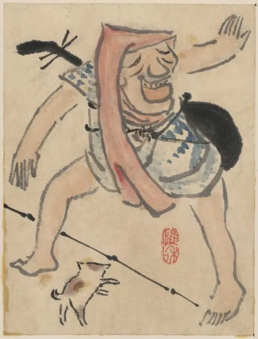 Framed Print : Caricature of musician or actor dancing, with a cat at his f Framed Print : Caricature of musician or actor dancing, with a cat at his f