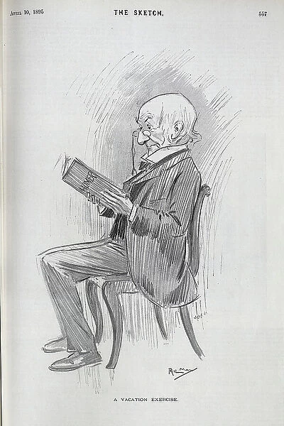 Caricature by Phil May, of William Gladstone, reading Homer