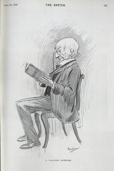 Framed Print : Caricature by Phil May, of William Gladstone, reading Homer Framed Print : Caricature by Phil May, of William Gladstone, reading Homer