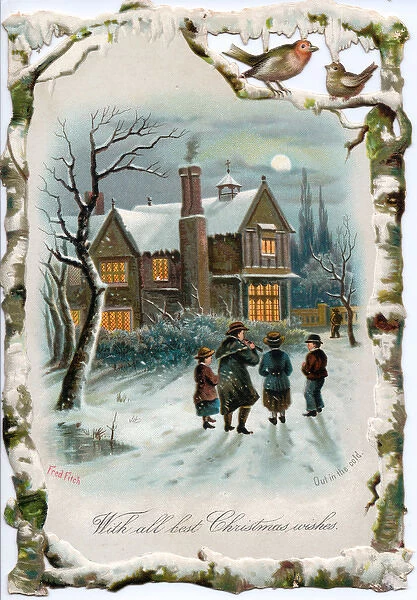 Carol singers in the snow on a cutout Christmas card