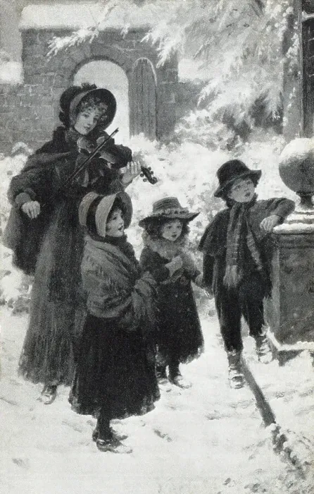 Framed Print : Carollers. A Victorian group singing carols accompanied by a violinist. Date: 1900 Framed Print : Carollers. A Victorian group singing carols accompanied by a violinist. Date: 1900