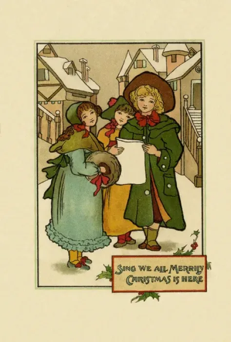 Framed Print : Carolling. Three carol singers in period costume. Date: circa 1903 Framed Print : Carolling. Three carol singers in period costume. Date: circa 1903