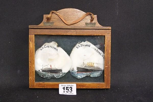 Carpathia and Titanic - decorated shells in oak frame