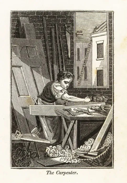 Framed Print : The carpenter planing a plank of wood in a workshop Framed Print : The carpenter planing a plank of wood in a workshop