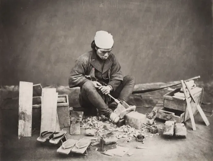 Framed Print : Carpenter, shoe maker making wooden shoes, Japan Framed Print : Carpenter, shoe maker making wooden shoes, Japan