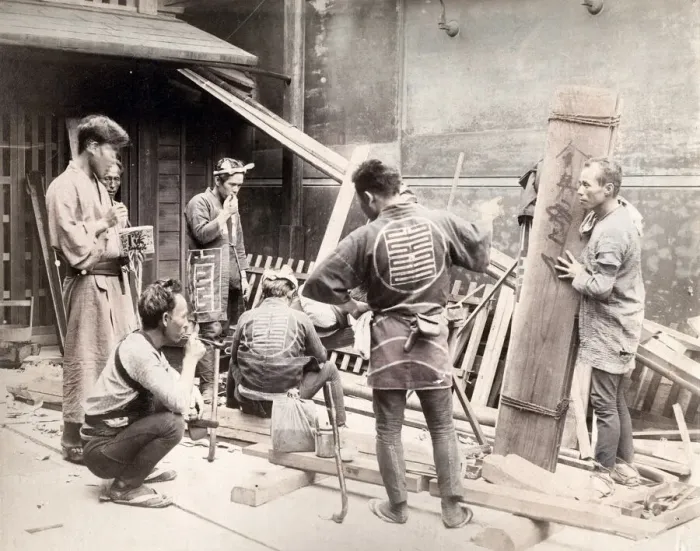 Framed Print : Carpenters at work, Japan