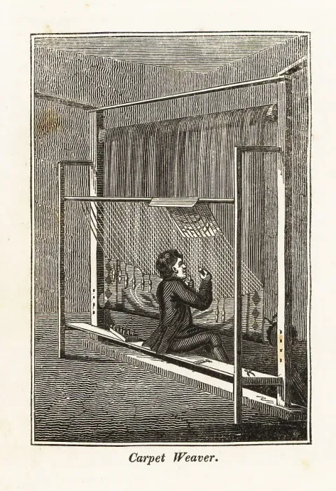 Framed Print : Carpet weaver knotting a rug on a frame Framed Print : Carpet weaver knotting a rug on a frame