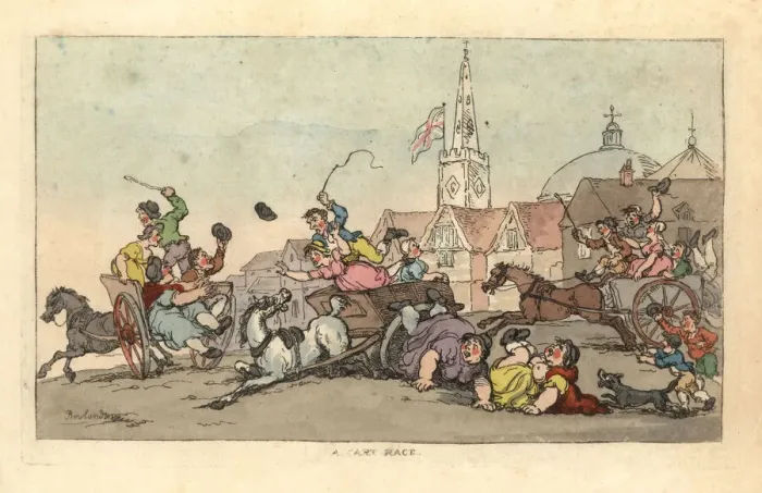 Framed Print : A cart race in an English town with an accident in Framed Print : A cart race in an English town with an accident in