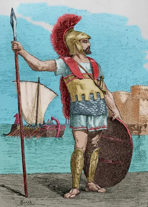 Framed Print : Carthaginian soldier. Engraving by Serra. Later colouration Framed Print : Carthaginian soldier. Engraving by Serra. Later colouration
