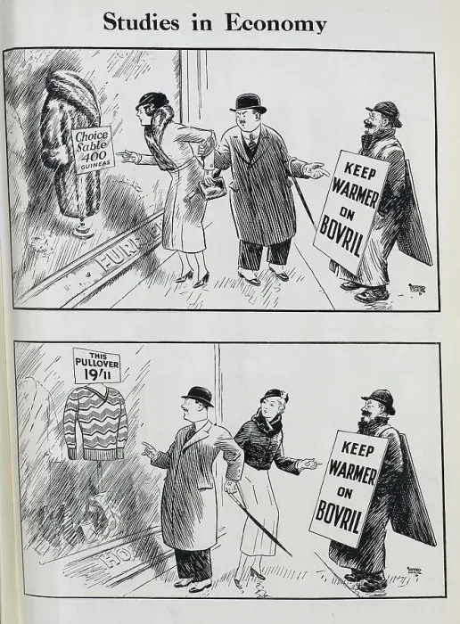 Framed Print : Cartoon advertisements for Bovril, captioned, Studies in Economy'. Showing man and woman looking first at fur coat, then new pullover, with man wearing billboard advertising. Keep warmer on Bovril Framed Print : Cartoon advertisements for Bovril, captioned, Studies in Economy'. Showing man and woman looking first at fur coat, then new pullover, with man wearing billboard advertising. Keep warmer on Bovril