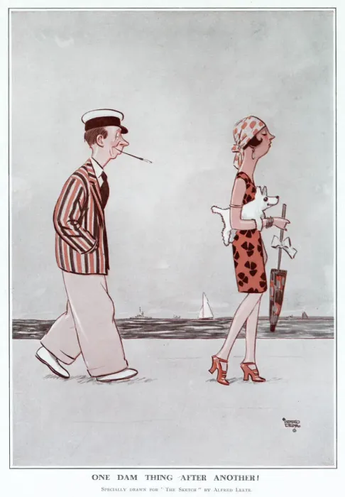 Framed Print : Cartoon by Alfred Leete showing a fashionable 1920s couple walking along a beach Framed Print : Cartoon by Alfred Leete showing a fashionable 1920s couple walking along a beach