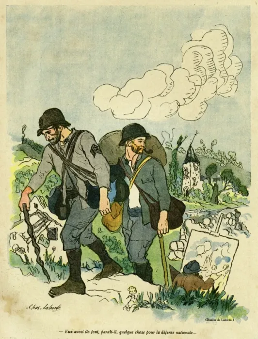 Framed Print : Cartoon, Artist painting a landscape, WW1 Framed Print : Cartoon, Artist painting a landscape, WW1