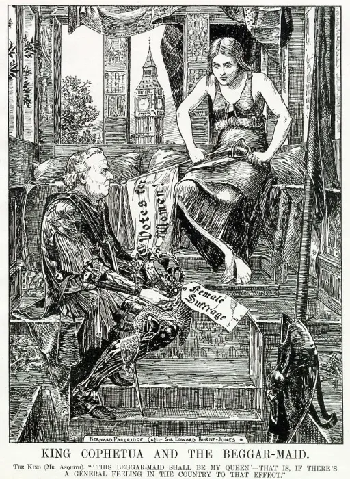 Framed Print : Cartoon -- Asquith half-promises to introduce votes for women - if the country agrees... A parody of Burne-Jones's painting, King Cophetua and the Beggar-Maid. Date: 1908 Framed Print : Cartoon -- Asquith half-promises to introduce votes for women - if the country agrees... A parody of Burne-Jones's painting, King Cophetua and the Beggar-Maid. Date: 1908