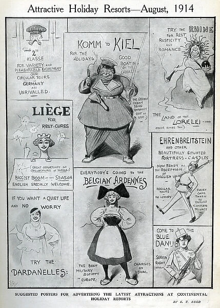 Cartoon, Attractive Holiday Resorts, August 1914, WW1
