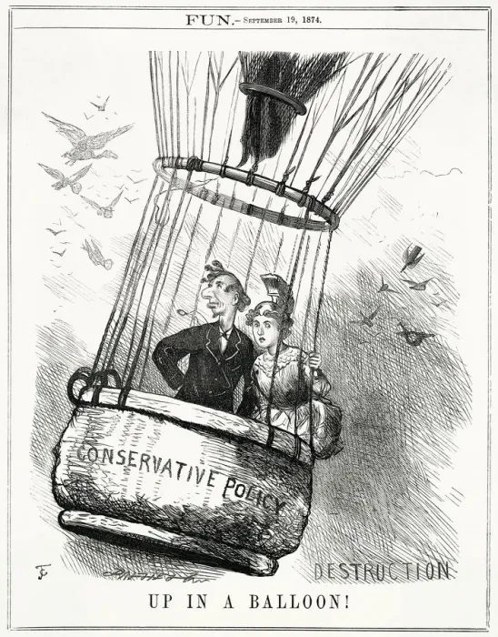 Framed Print : Cartoon, Up In A Balloon (Disraeli and Britannia) Framed Print : Cartoon, Up In A Balloon (Disraeli and Britannia)