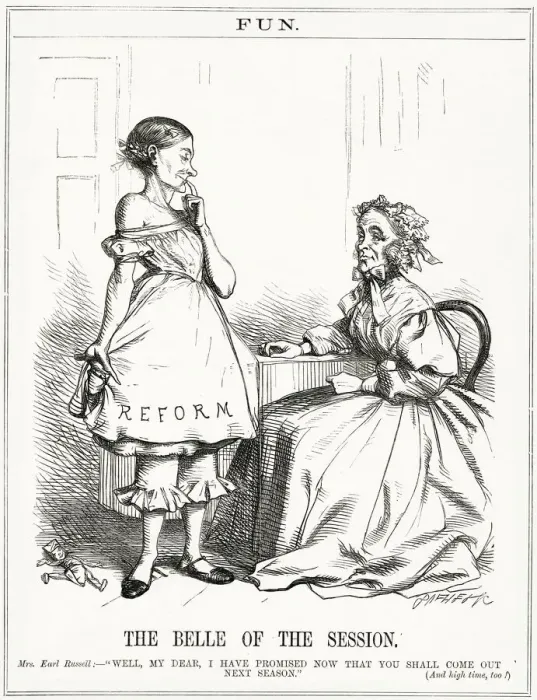 Framed Print : Cartoon, The Belle of the Season (Russell and Reform) Framed Print : Cartoon, The Belle of the Season (Russell and Reform)