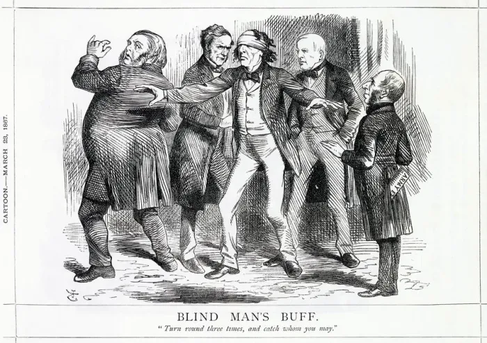 Framed Print : Cartoon, Blind Mans Buff (Disraeli and Reform) Framed Print : Cartoon, Blind Mans Buff (Disraeli and Reform)