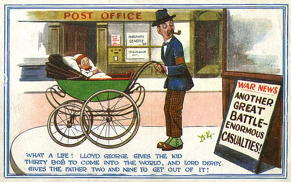 Cartoon, British father wheeling pram, WW1