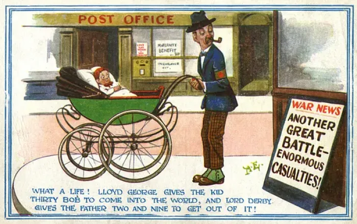 Framed Print : Cartoon, British father wheeling pram, WW1 Framed Print : Cartoon, British father wheeling pram, WW1