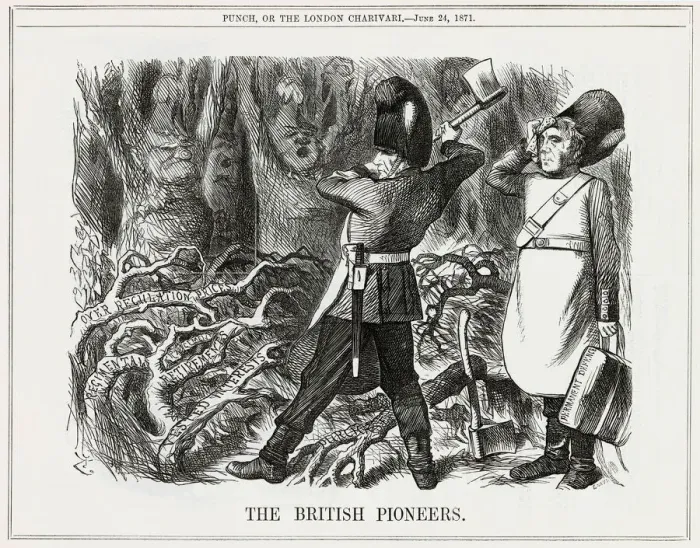 Framed Print : Cartoon, The British Pioneers (Gladstone) Framed Print : Cartoon, The British Pioneers (Gladstone)