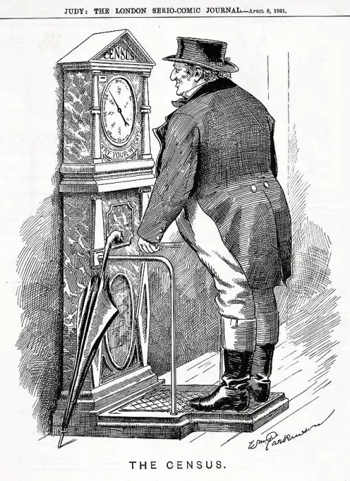 Framed Print : Cartoon, The Census, John Bull on a weighing machine Framed Print : Cartoon, The Census, John Bull on a weighing machine