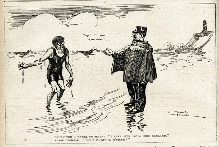Framed Print : Cartoon, Channel swimmer asked for passport Framed Print : Cartoon, Channel swimmer asked for passport