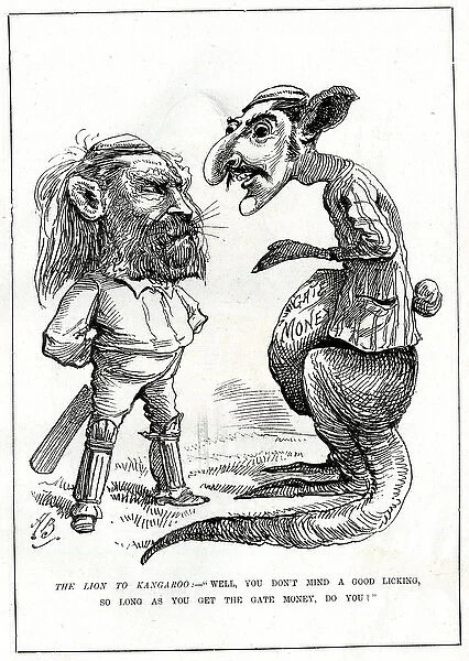 1902 Punch Cartoon British Lion Congratulates Australian Cricketer Kangaroo 