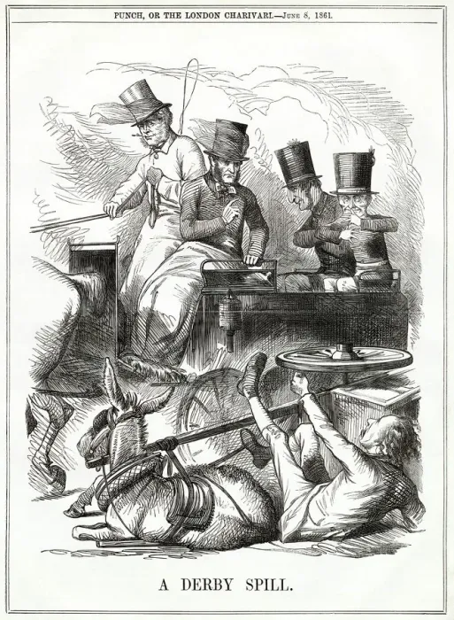 Framed Print : Cartoon, A Derby Spill (Disraeli versus Liberal Party) Framed Print : Cartoon, A Derby Spill (Disraeli versus Liberal Party)