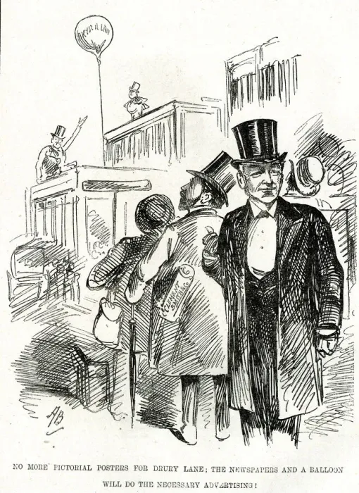 Framed Print : Cartoon, Drury Lane Theatre, London, with balloon Framed Print : Cartoon, Drury Lane Theatre, London, with balloon