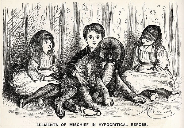 Cartoon, Elements of Mischief in Hypocritical Repose - three children and a dog