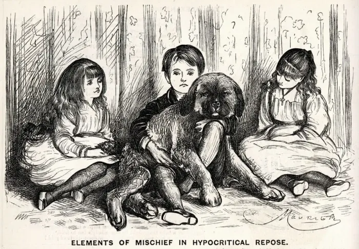 Framed Print : Cartoon, Elements of Mischief in Hypocritical Repose - three children and a dog Framed Print : Cartoon, Elements of Mischief in Hypocritical Repose - three children and a dog